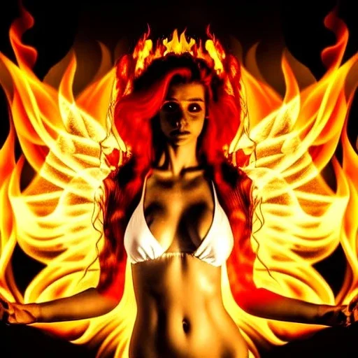 woman made of fire, fire angel, fire clothes, full body portrait, long flowing hair, only wearing bikini made of fire, highly detailed, real life photo, photo quality, extremely detailed, high quality, standing in fire, highly detailed face with makeup