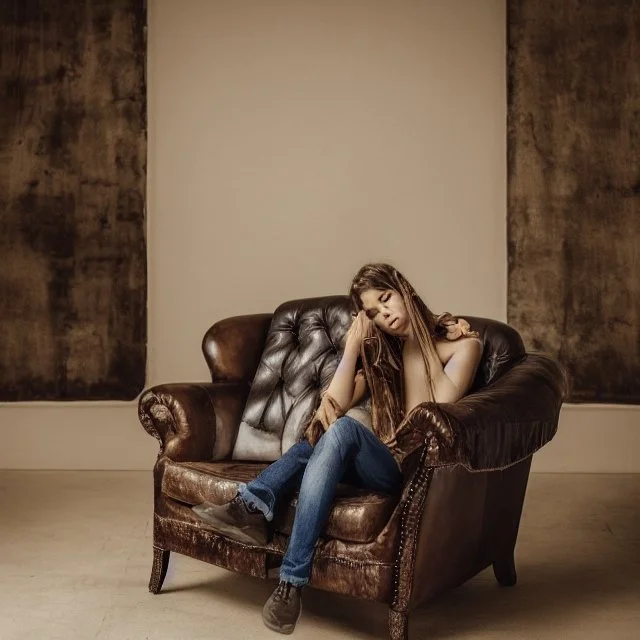 photography national geographic style girl sits on leather armchair.