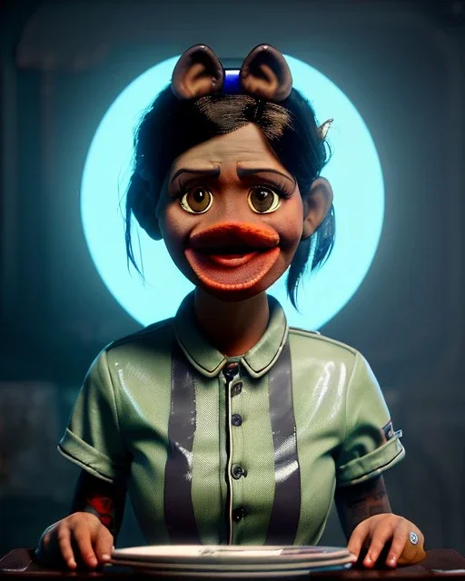 Waist up portrait, hybrid character, waitress British woman with classic muppet mask that covers her entire head and face, Sesame Street style, latex dress, short shirt, old school tattoo, hot, smooth, unreal engine 5, god lights, ray tracing, neon, RTX, lumen lighting, ultra detail, volumetric lighting, 3d.