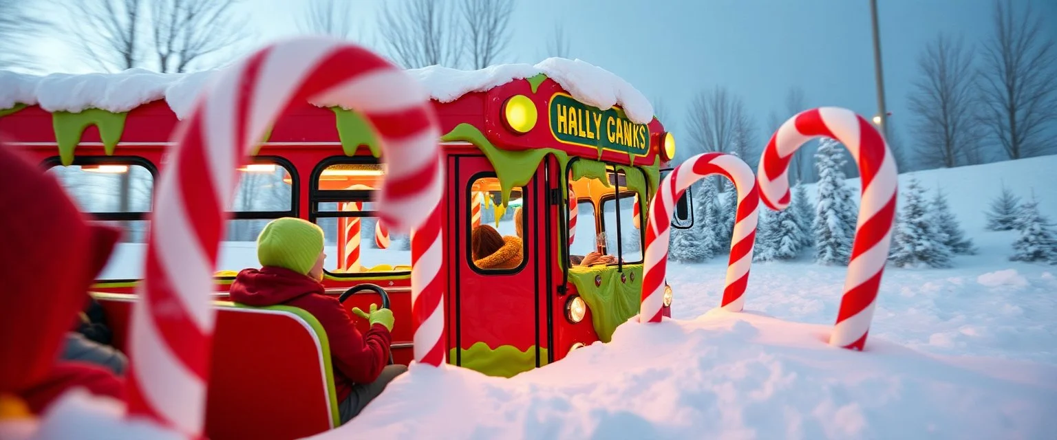 buss driving through a hollow candy cane tube filles with green slime