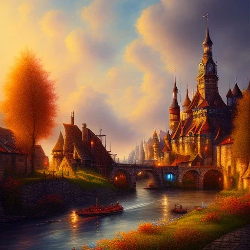 Drawing in oil of medieval city river, sunny, clouds, fantasy 8k