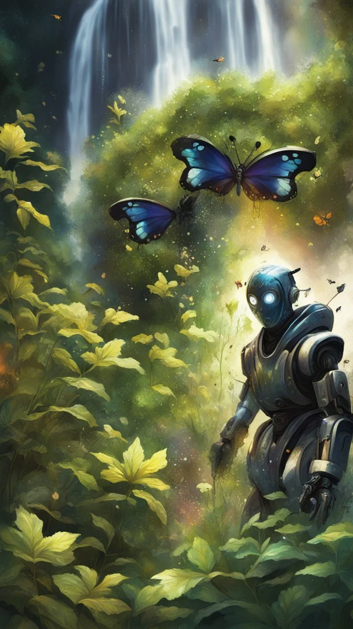 portrait of masked ninja butterfly robot in the garden, waterfall and elves ,lotsa wild weed, in spotlight, magazine cover illustration with spray paint, signed, bokeh like, down-light, unreal engine, prize winning