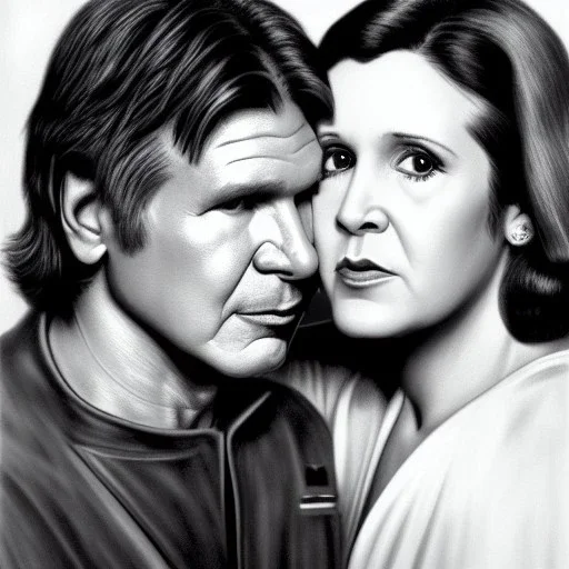 middle-aged carrie fisher embracing harrison ford in star wars, waist up portrait, photorealistic faces, intricate, masterpiece, expert, insanely detailed, 4k resolution, cinematic smooth, intricate detail , soft smooth lighting, soft pastel colors,