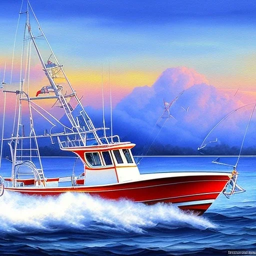 modern Fisherman small boat in the harbor, in the style of a watercolor painting