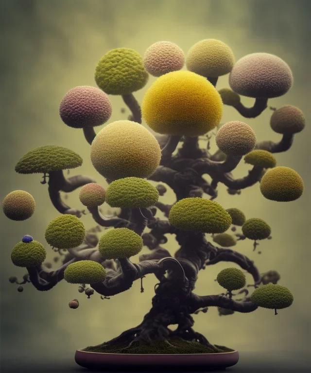 a picture of a planet of various flowers, fungus and plants, bonsai, muted light, botanicalatmospheric phenomenon, artistic photography, muted colors, conceptual, kodachrome