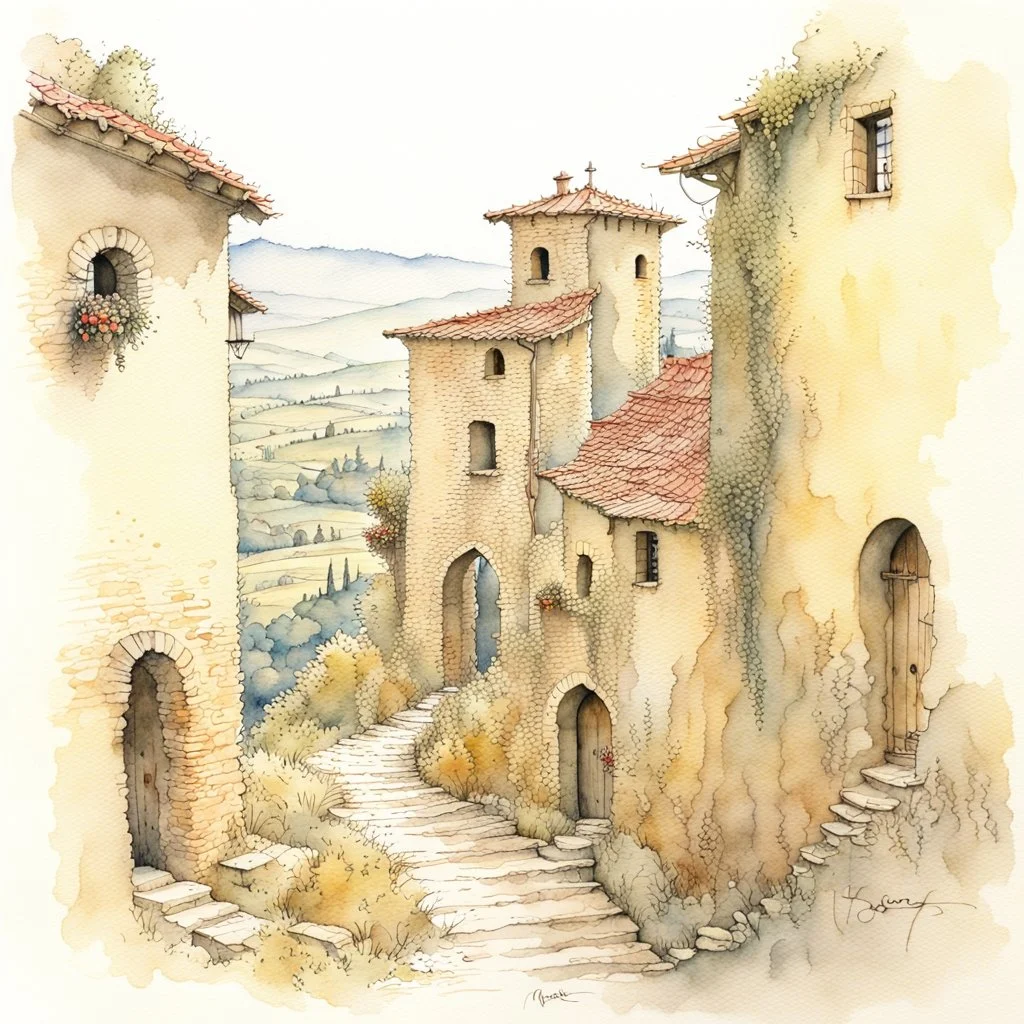 Tuscany landscape, by Jean-Baptiste Monge, watercolor and ink, intricate details, fantasy, beautiful, award winning, colorful, fantastic view, crisp quality, in sunshine