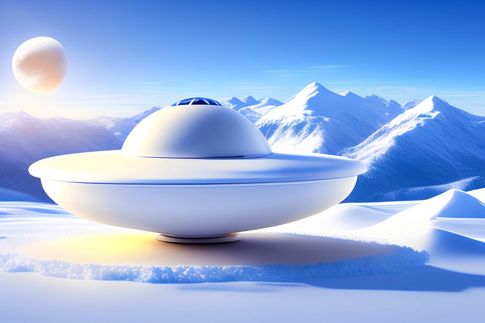 white spaceship flying saucer with background of snow sweety mountains and blu and brightness sky