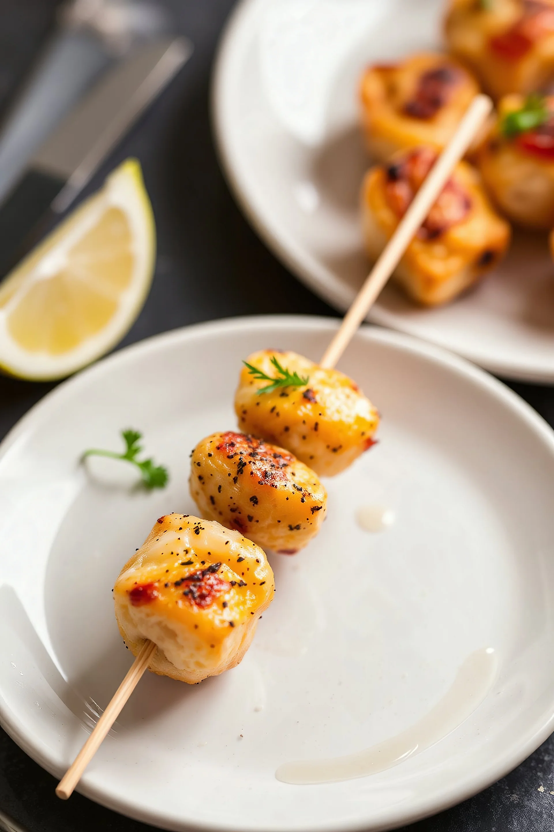 canapes on a skewer, one piece, lying on a plate