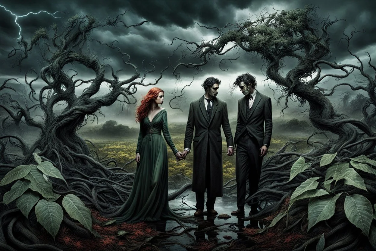 in a surreal landscape, dying, barren trees, twisting black tendrils, in front of broken, twisted bushes, a zombie couple stands sadly, pale skin and only dark green bay leaves cover their bodies, their chests and groins are covered by bay leaves, stormy sky, lightning, dark colors, gloomy, thriller mood