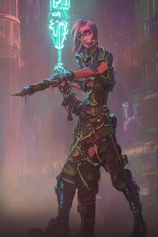 steampunk elf in a neon city