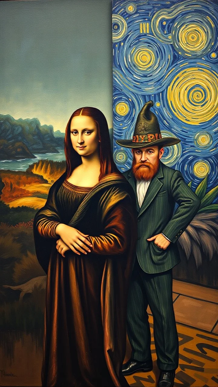 Mona Lisa and Vincent van Gogh standing side by side in a painting