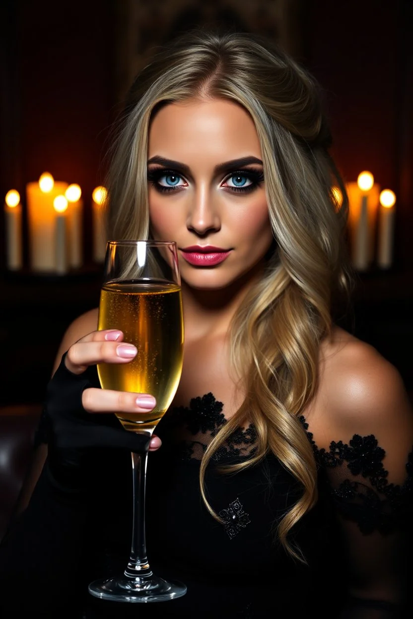 Dark powered princess Dayana blonde hair and dark blue eyes with one glass of champagne, dark background with dim candles