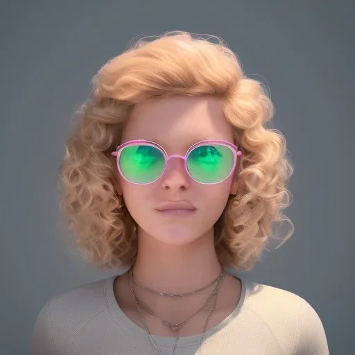 portrait of a teenager girl with curly blonde hair and green eyes wearing sunnglasses and a bubble gum