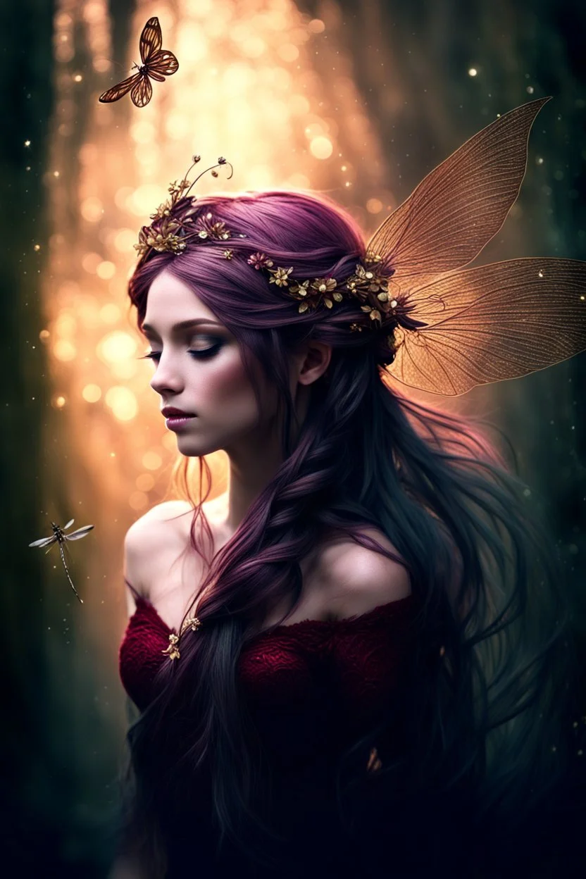 Burgundy dark red gold hair,very long hair, dark gold,gold,rapunzel hair,dark fairy princess,elven crown,dragonflies,fireflies,night,water lilies, orchids,jasmine flowers,glitter,sparkle,flowers,copper,bronze