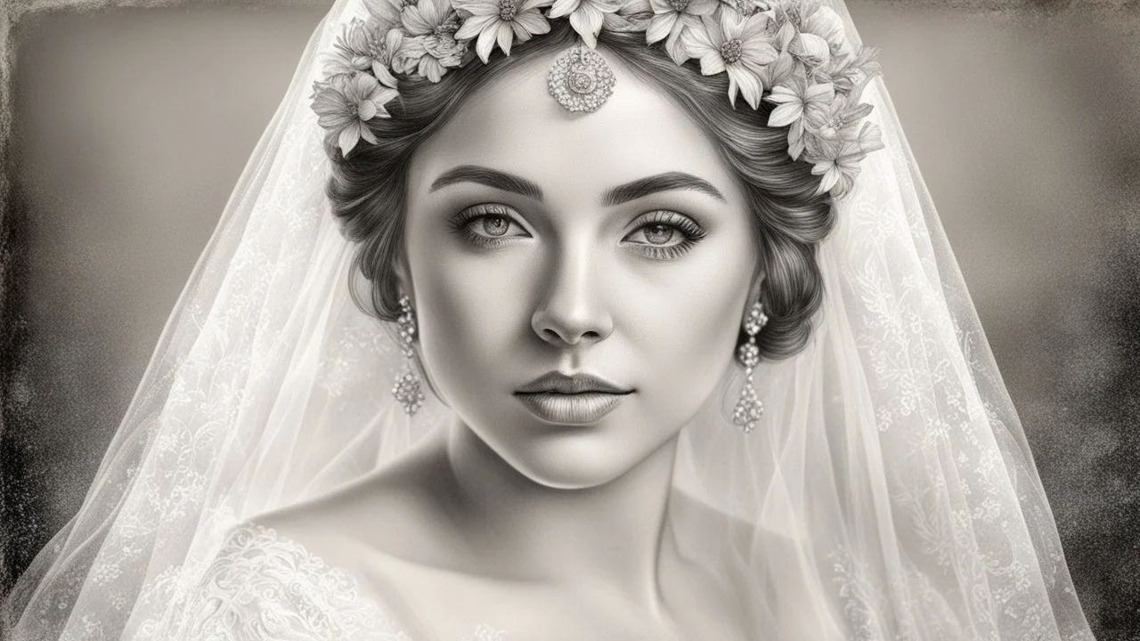 old postcard, white background, bride, black and white pencil drawing, 3d, 64k, high resolution, high detail, computer graphics, hyperrealism, f/16, 1/300 sec. digital painting, double exposure,