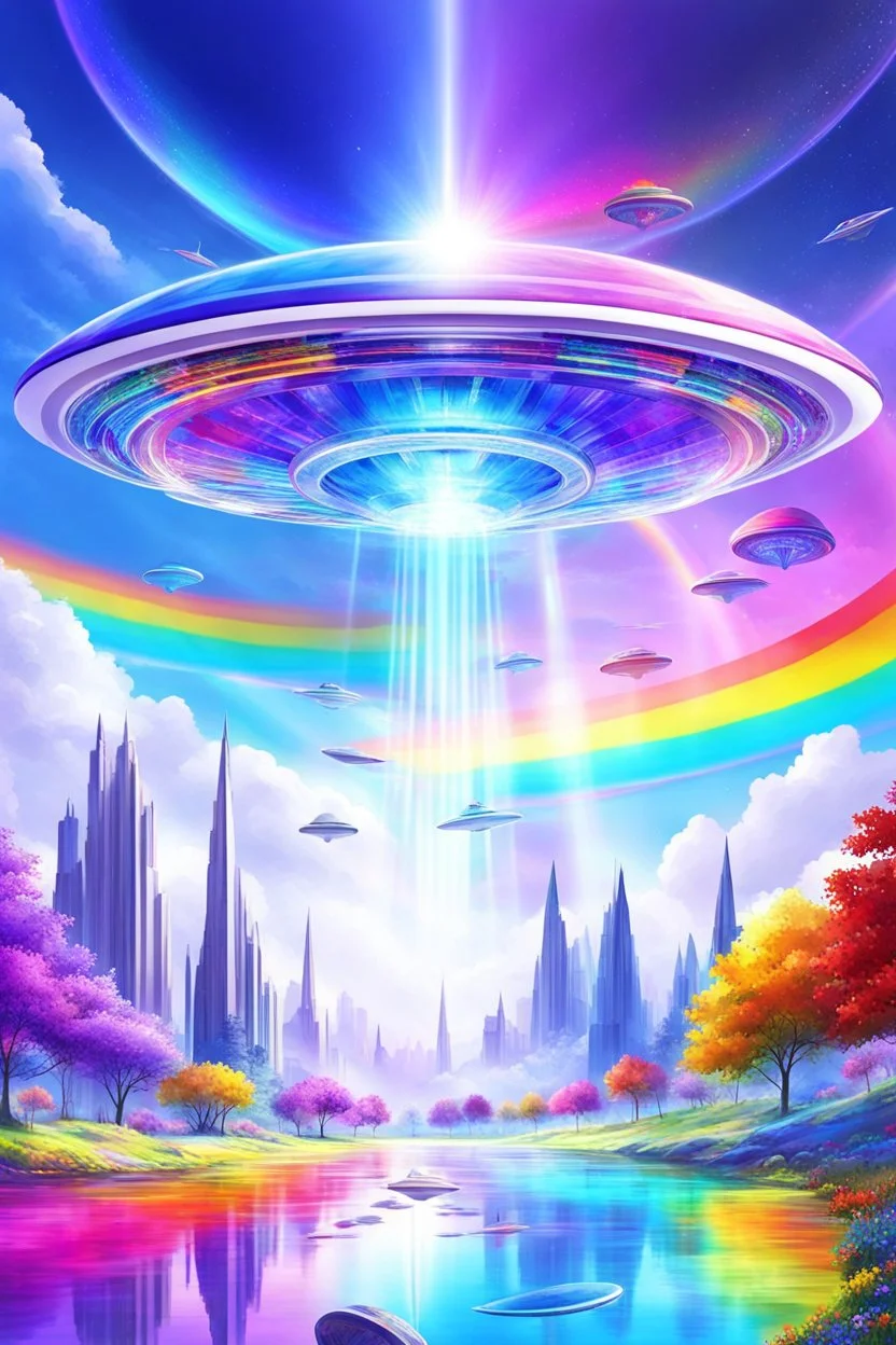 Ufo rainbow, futuriste ultra moderne,heaven,crystal very beautiful city,nature forest flowers colors