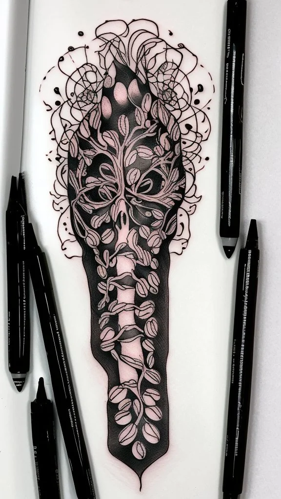 Tattoo on white paper, anatomical coffee, bright brown drawing, black paint strokes on background, large black strokes background, polka dot pattern