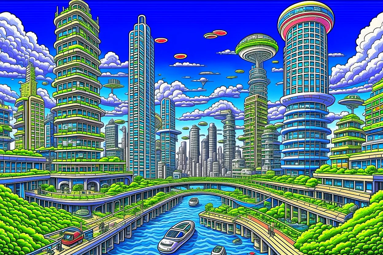 detailed alien cityscape, buildings with balconies, tracks, roads, paths, river, blue sky, white clouds