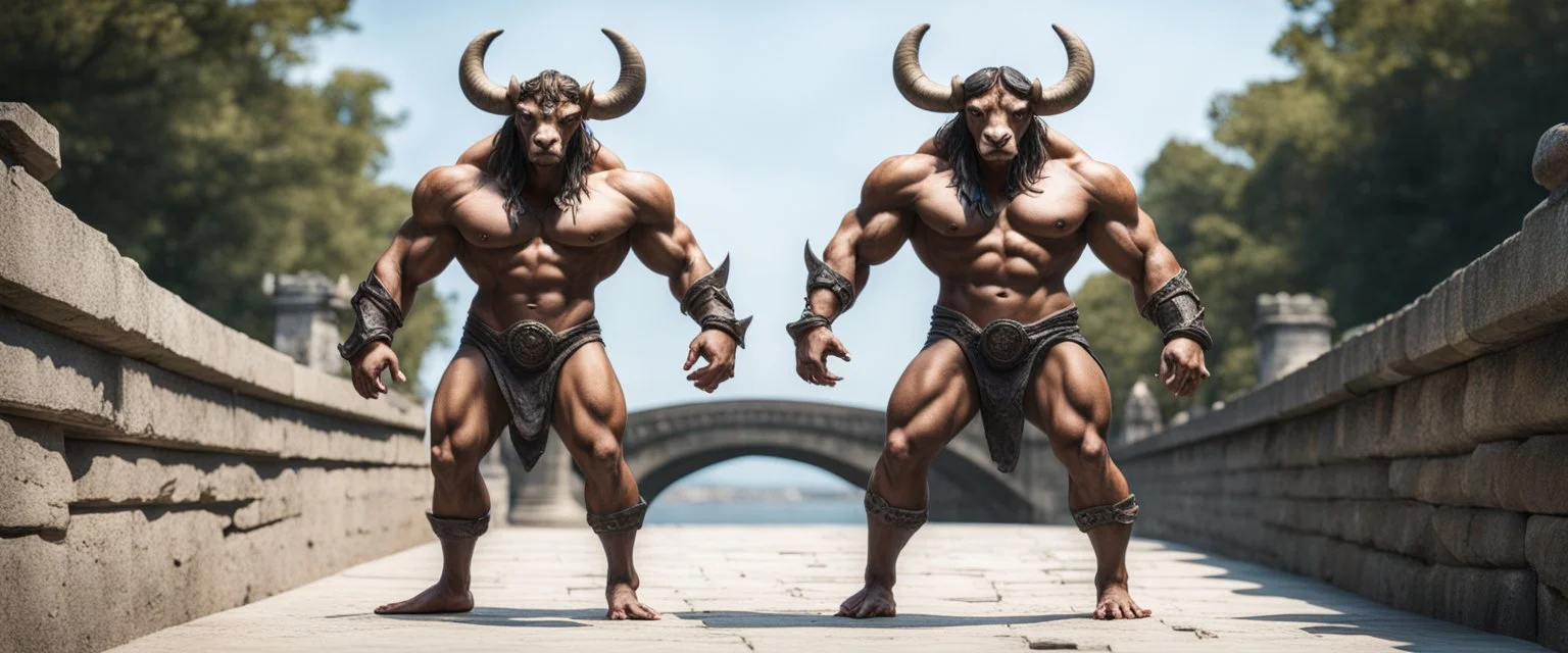 tip toe full body minotaur psionic master in threatening pose in swimsuit on stone bridge, front and back