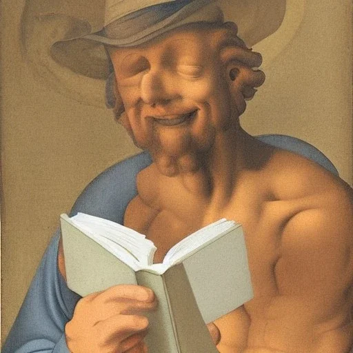 smiling man reading book into microphone by Michelangelo