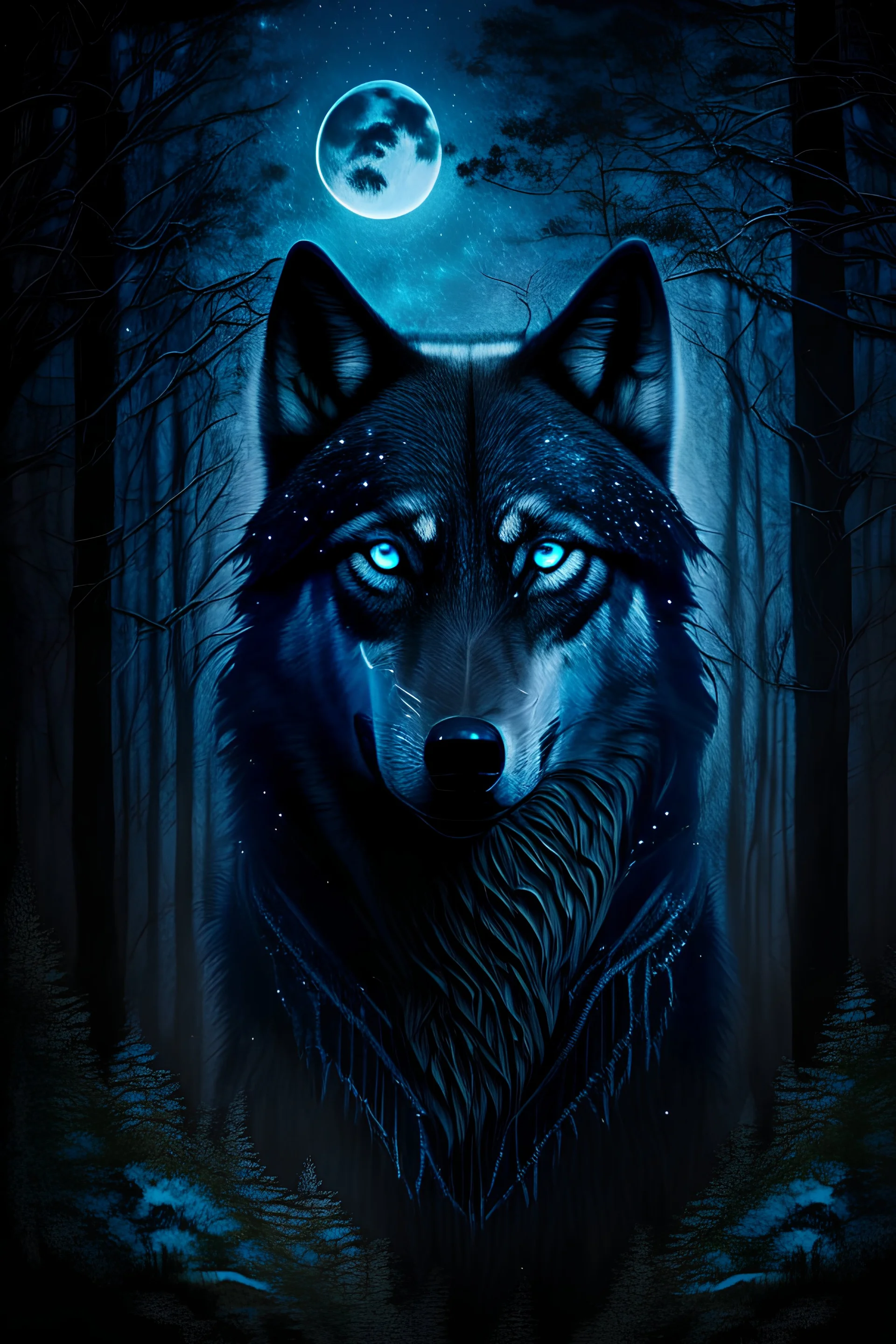 Portrait of an all black large wolf with steel blue eyes a Scar on its chest in the shape of the crescent moon with the background of a forest at night