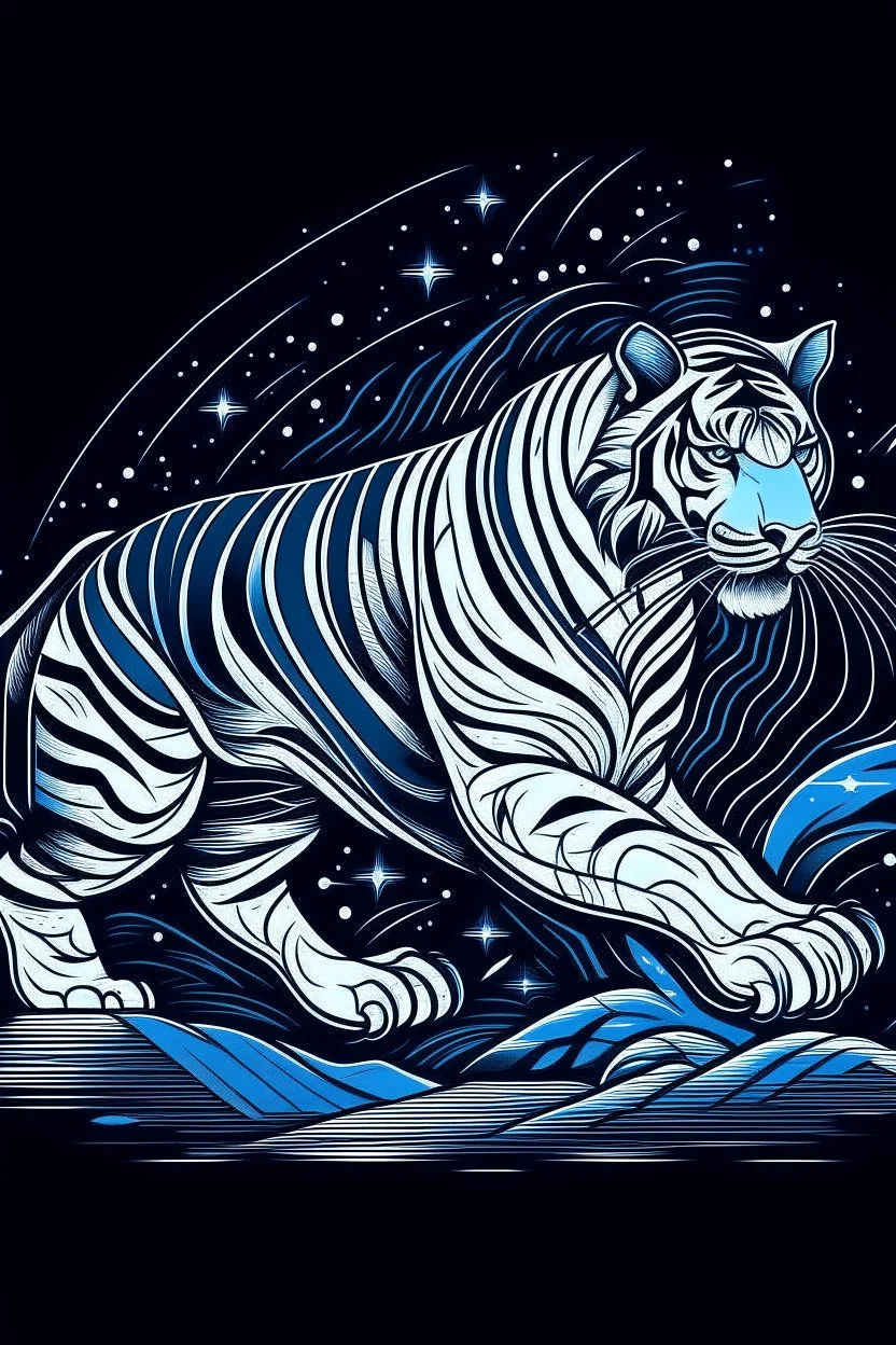 A sleek, silver TAIGER with a single, neon fin, cruising through a starry night sky. Style: Art Deco, Mood: Mysterious and Glamorous, Lighting: Deep blue with neon highlights, T-shirt design graphic, vector, contour, white background.