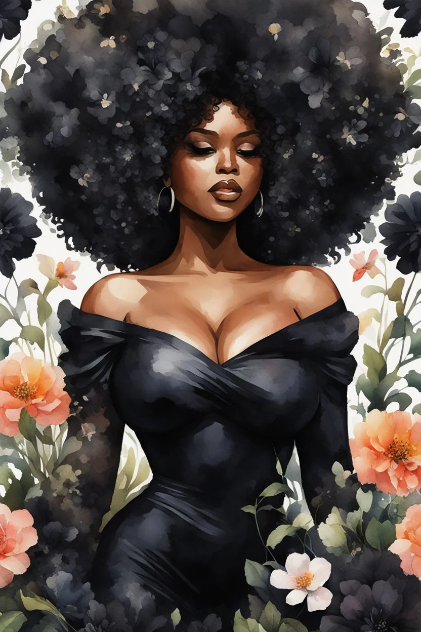 Create an watercolor image of a curvy black female wearing a black off the shoulder blouse and she is looking down with Prominent makeup. Highly detailed tightly curly black afro. Background of large black flowers surrounding her