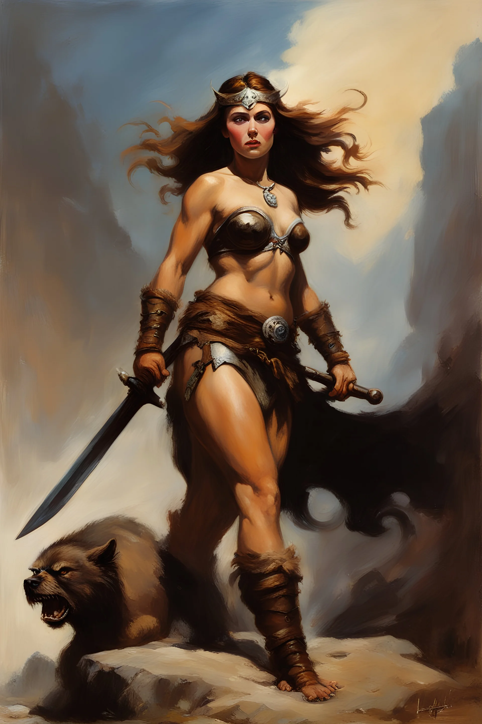 frank frazetta oil painting of the actress Elizabeth Olsen as a female barbarian