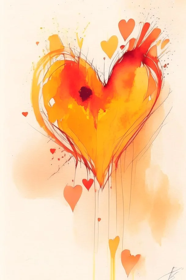 Hearts abstract wet watercolour in the style of Agnes Cecile with thin sketchy pencil lines, red orange yellow