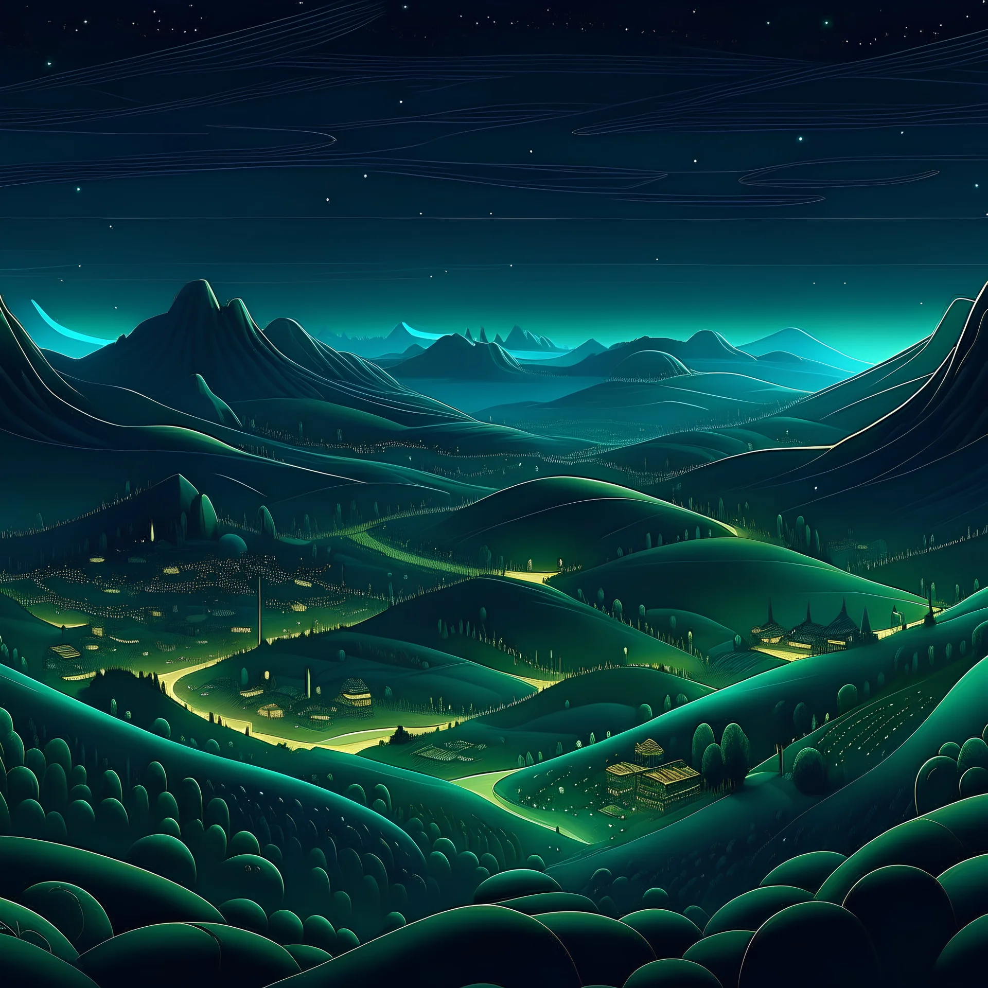 hills as far as the eye can see in a fantastic and stylized world, at night