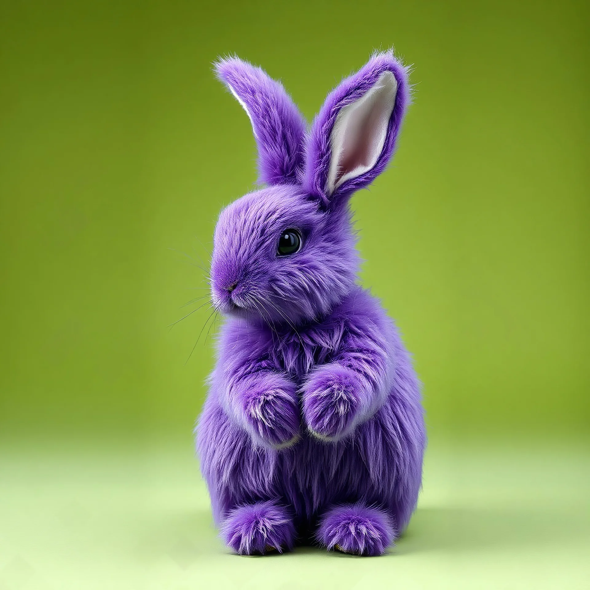 Un lapin entierement en fausse fourrure de couleur violette, studio photograph