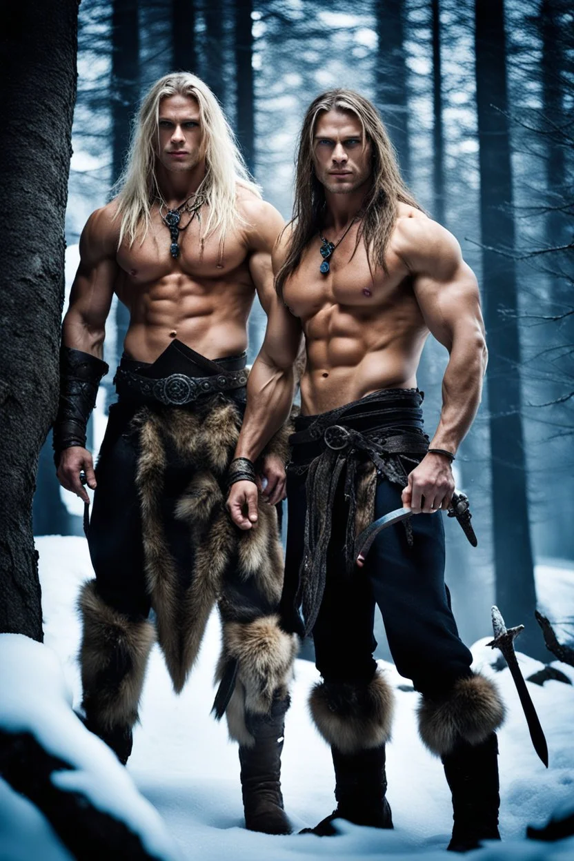 muscular male mountain man with long dark hair with a petit female long blonde hair and blue eyes, dark fantasy, snowy forest