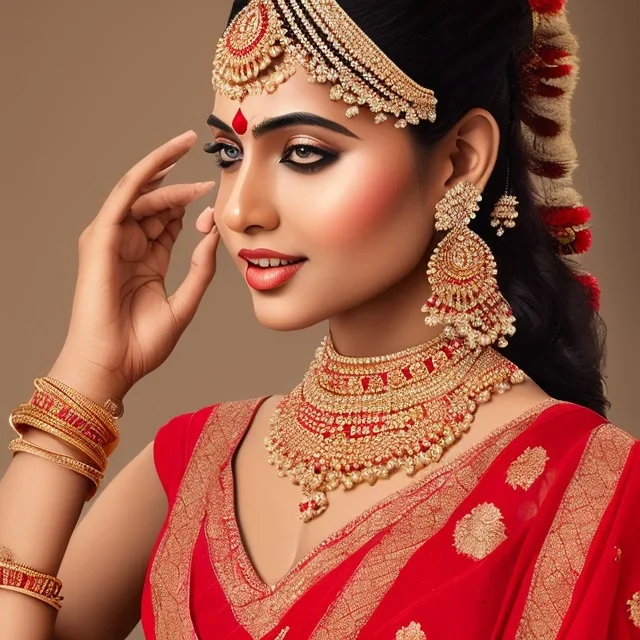 portrait of beautiful indian woman wearing red sari, deep v neck, intricate, nsfw