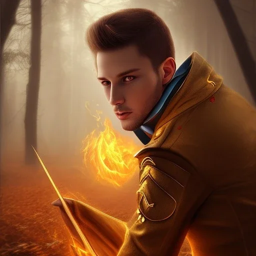 Male, Human, Blond, Sorcerer, Fire Mage, Golden Eyes, Young, Photorealism, Full Body Shot, Forest Background