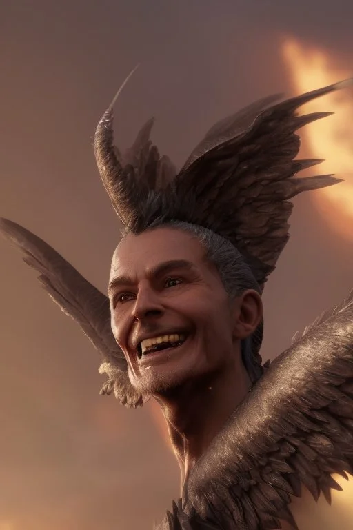 a very close up side profile image of an evil angel, smiling,8k quality, supper realistic