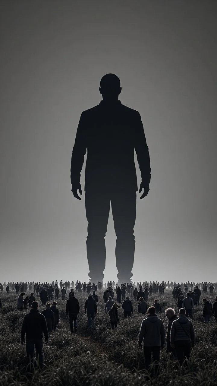 A field of random people at the end of the picture gray background an giant dark shadow of human figure standing in a cinematic, 8k
