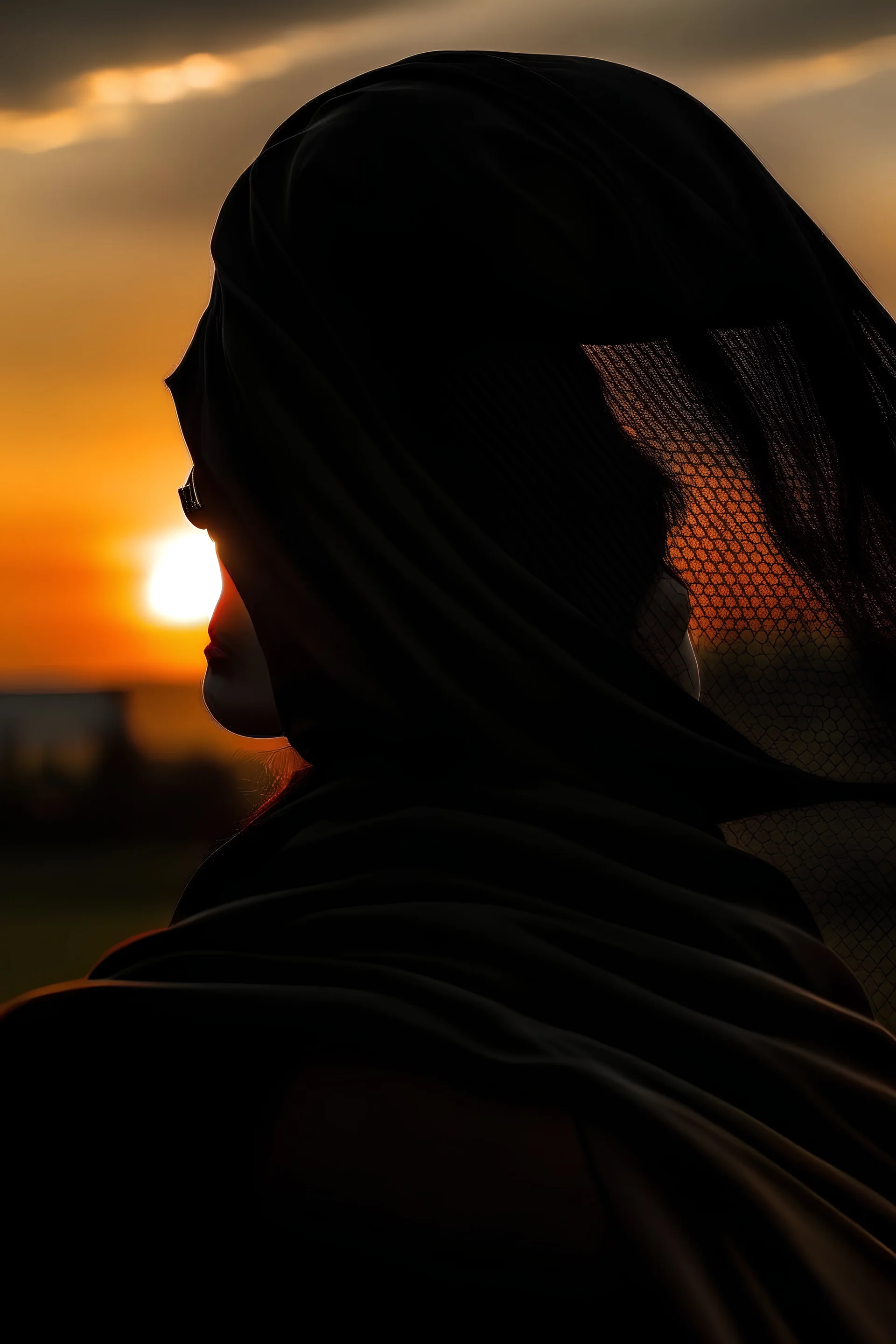 Seorang wanita berkacamata jilbab hitam terlihat dari belakang jauh sedang menatap matahari terbenam