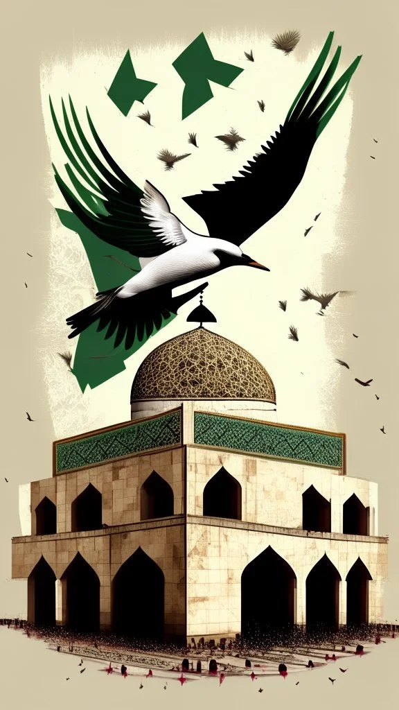 A design for Al-Aqsa Mosque, with a dove around it that expresses freedom, and the Palestinian flag flutters, covering Al-Aqsa Mosque.