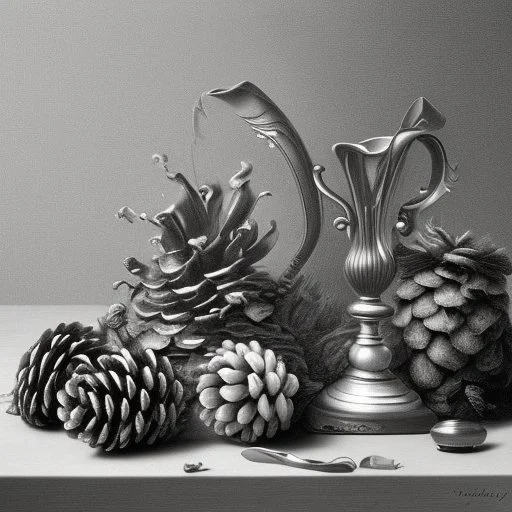 a realistic still life graphite drawing of pine cones in the classical style of Pieter Claesz, Jan Jansz. van de Velde and Anthonie Leemans