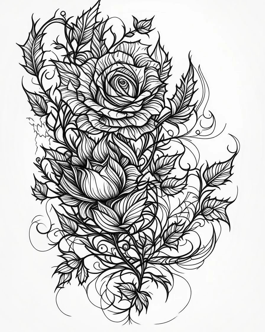 realistic thorn tattoo idea, line art, background, vector, svg, black outline on white background, leave plenty of white space beetween lines for coloring, tattoo style, tattoo idea,full body