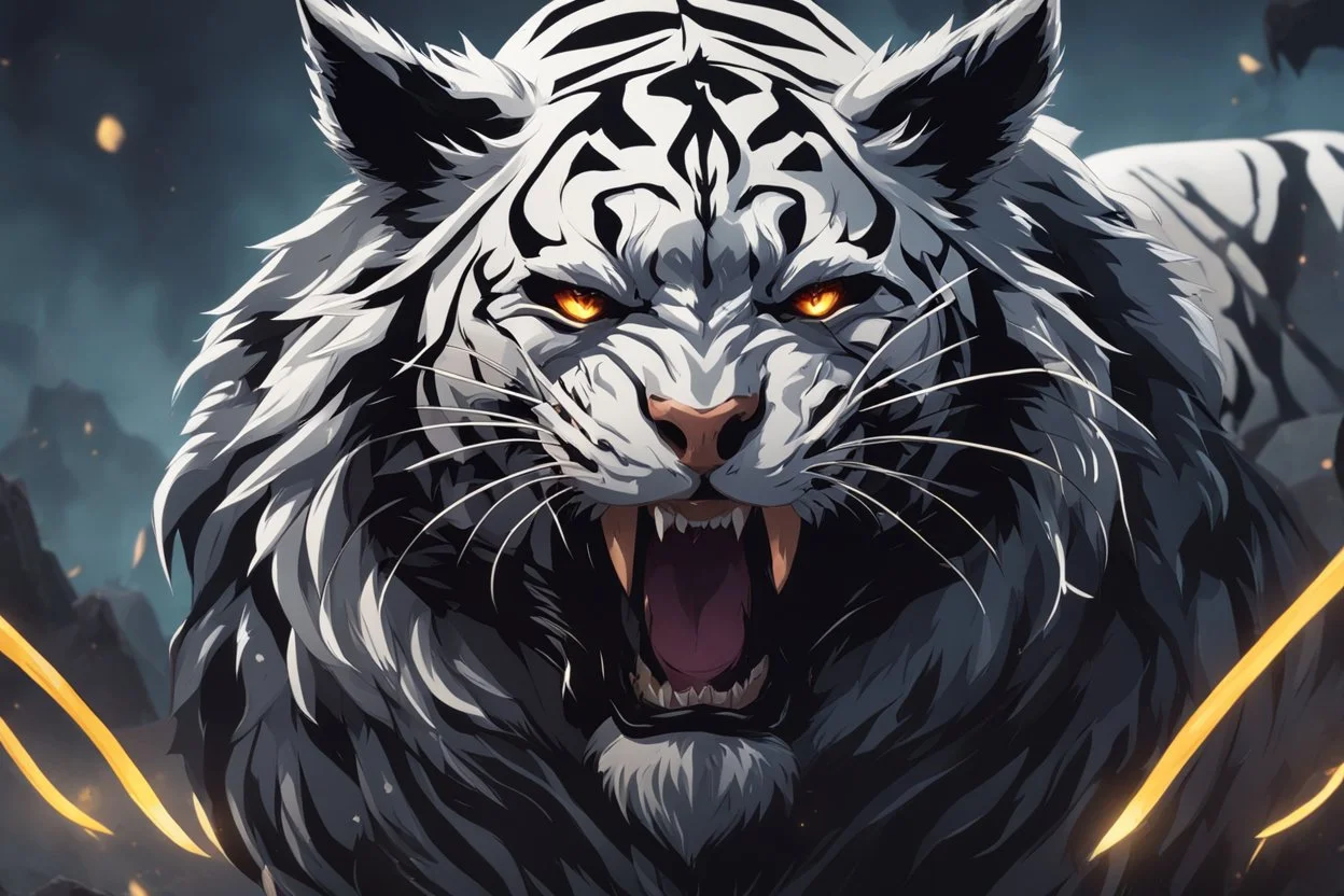 grendel in 8k solo leveling shadow artstyle, white tiger them, neon effect, magic circle, full body, apocalypse, cover eyes, intricate details, highly detailed, high details, detailed portrait, masterpiece,ultra detailed, ultra quality