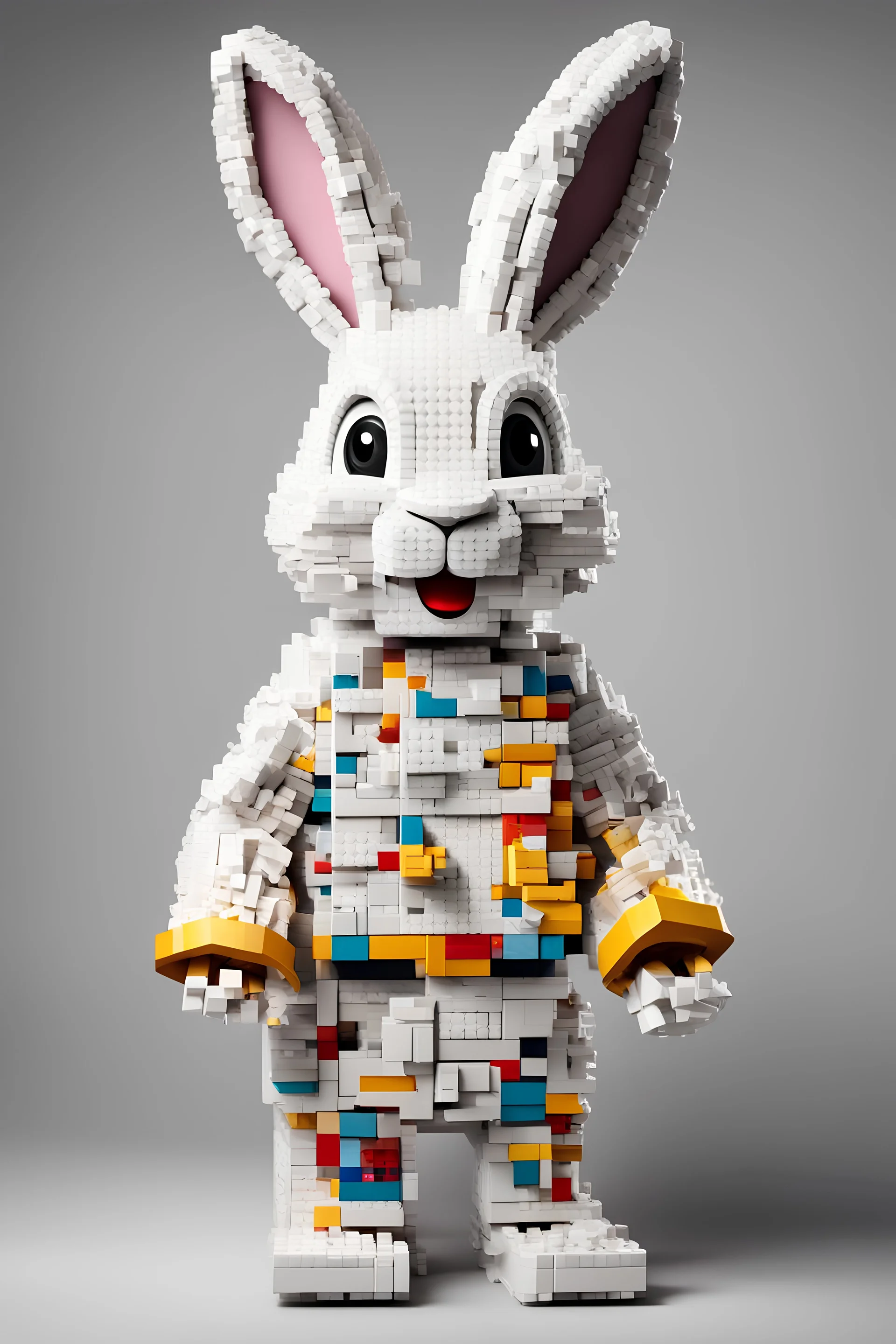 anthropomorphic, hyper-realistic cute and very funny Easter bunny animal wearing Lego blocks costume