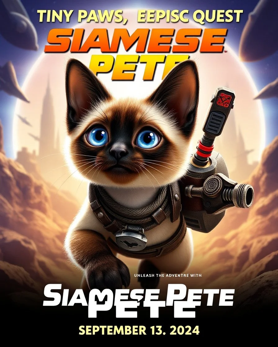 Create a realistic movie poster for 'Siamese Pete' featuring a siamese in an adventurous setting, with futuristic elements, dramatic lighting, and the tagline 'Tiny Paws, Epic Quests: Unleash the Adventure with Siamese Pete!' with a release date of September 13, 2024