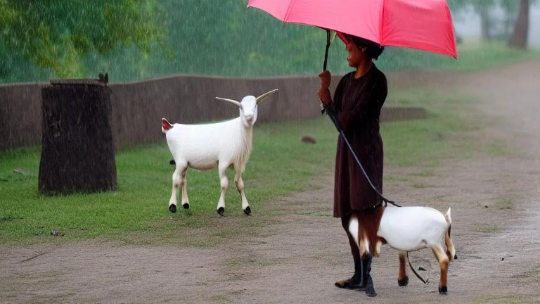 Goat holding an umbrella but no rain