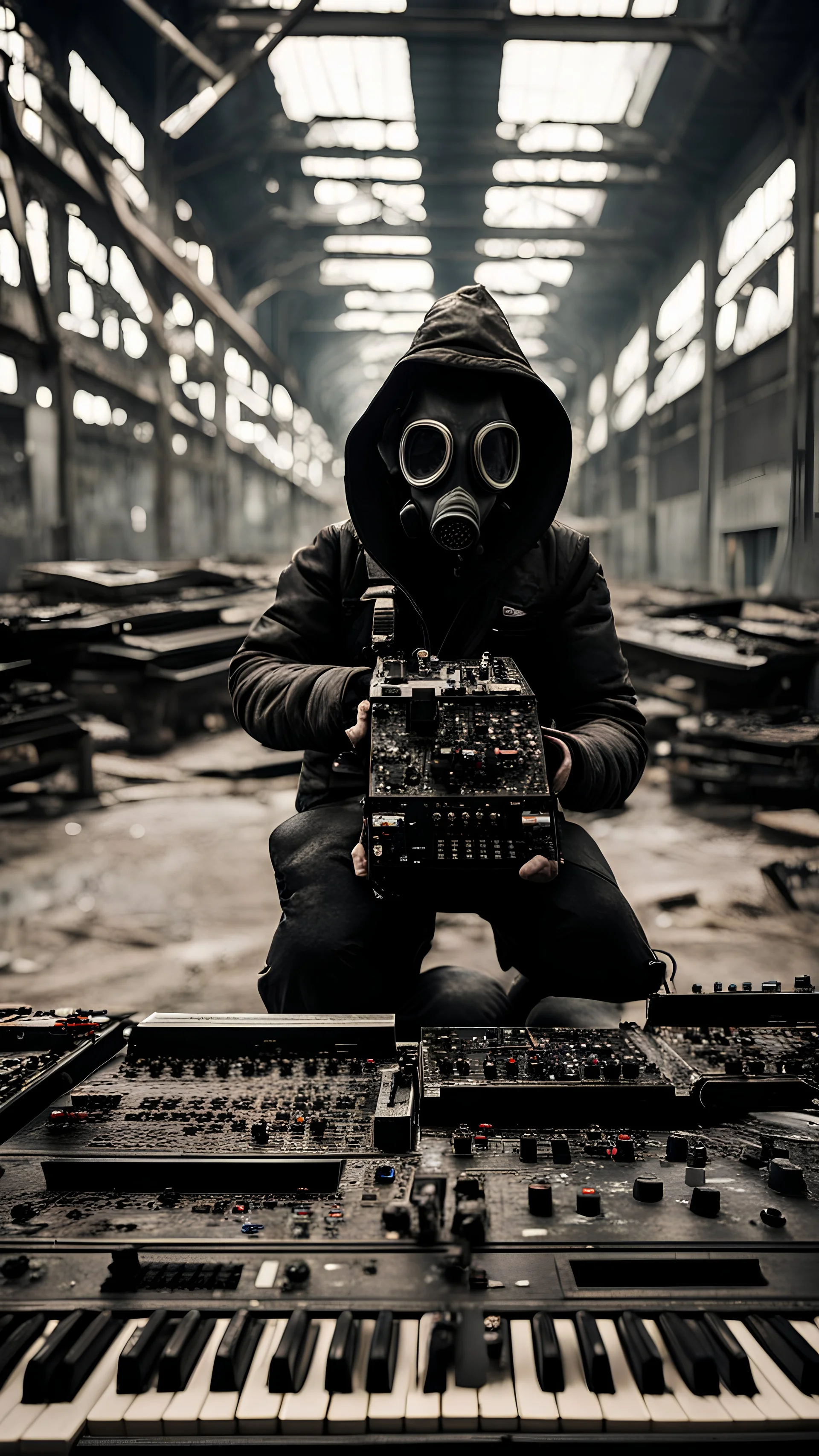 a person with a gas mask in an abandoned big massive factory, playing with a modular synth piano