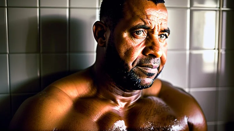 portrait photo of stocky marocan 40 years old under the shower, manly chest, big tights, in a old bathroom, misery and poverty, photorealism, 35mm lens, ultra detailed