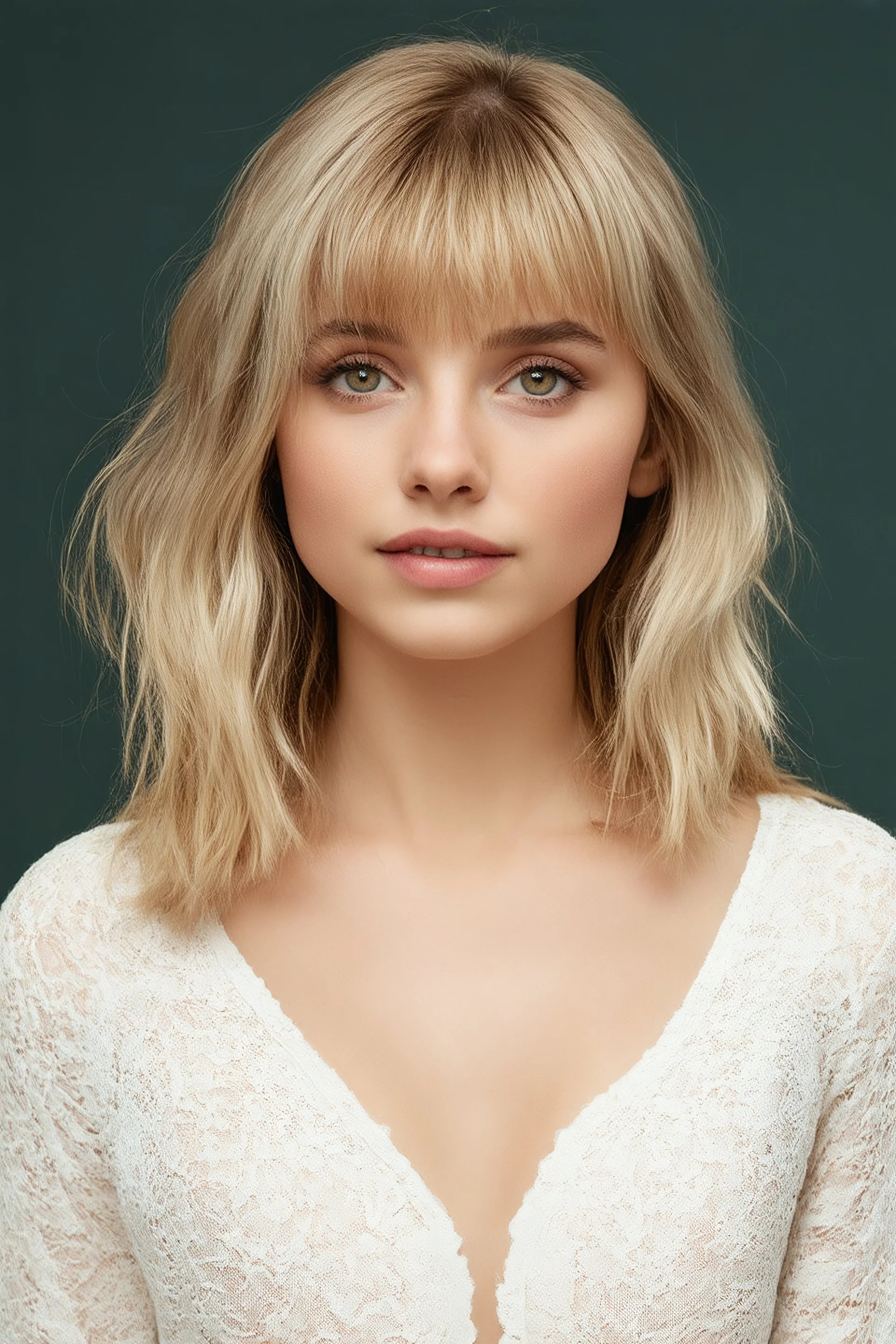 Marlina Dindrick, 14-year-old American actress, photorealistic 4K, cinematic lighting, heart-shaped face, porcelain fair skin with warm undertones, high cheekbones, soft peach blush, large almond hazel eyes flecked with green and amber, long curled lashes, soft arched brows, straight narrow nose with rounded tip, full lips with defined cupid’s bow, long, bleach-blonde hair with bangs mid-back length, voluminous waves, deep side part, slender hourglass frame