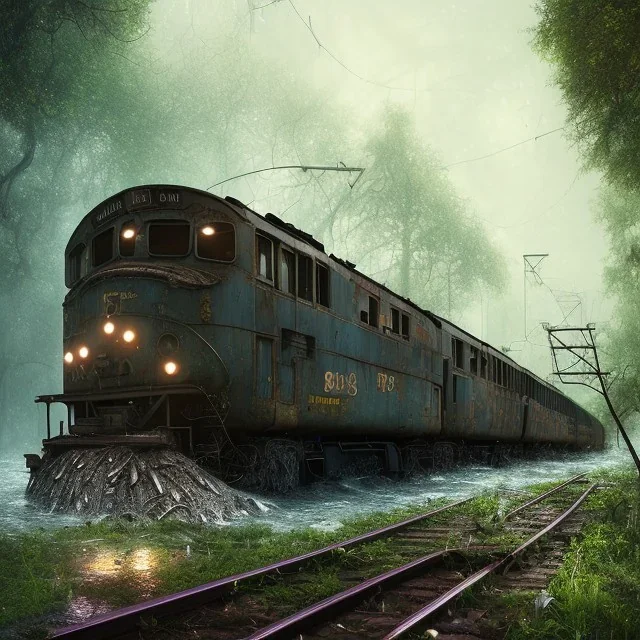 an abandoned train on tracks overgrown by nature with large puddles of water flooding part of tracks, 8k resolution, high-quality, fine-detail, intricate, digital art, detailed matte, volumetric lighting, illustration, 3D octane render, brian froud, howard lyon, selina french, anna dittmann, annie stokes, lisa parker, greg rutowski