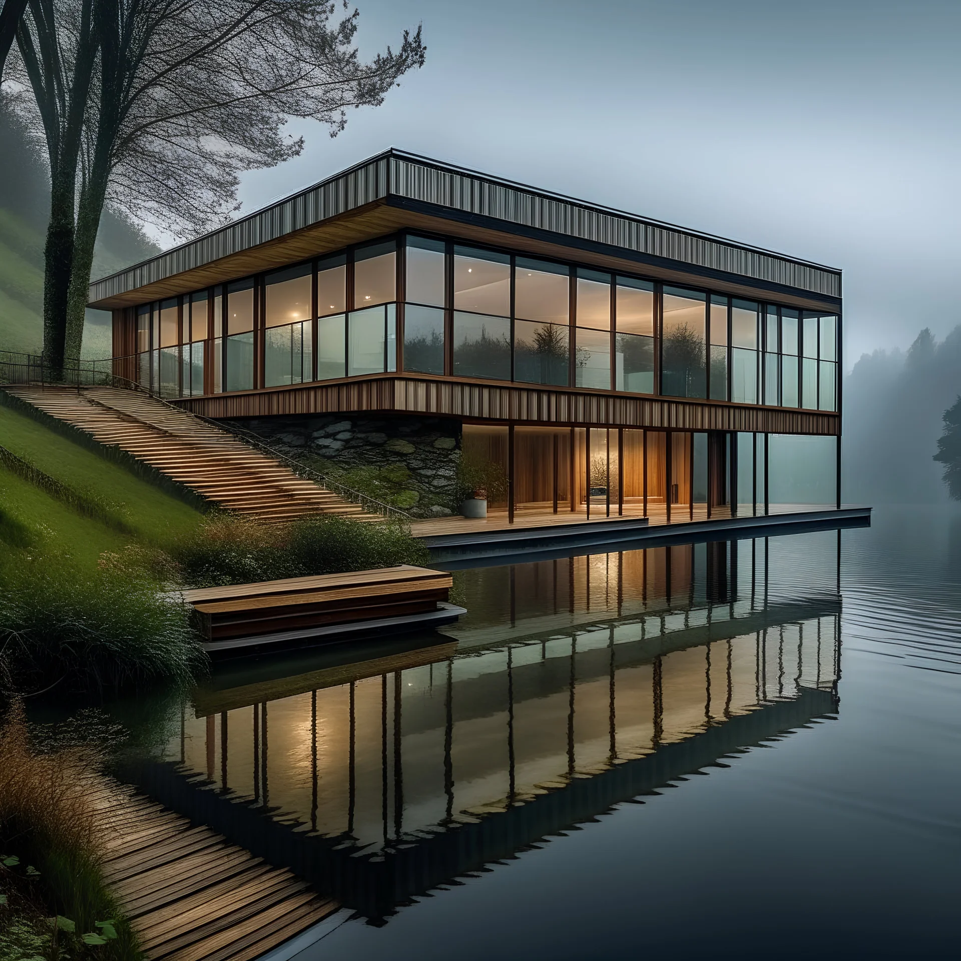 grosses haus am bodensee, modern, grosse fensterfront, terrasse, holzfassade, neblig, gesamtansicht, pool aus beton, fenster beleuchtet