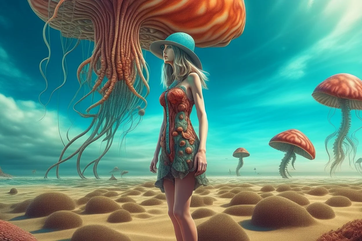 woman in a form-fitting outfit, standing on a beach of an alien world, watching mushrooms with jellyfish tentacles in the sky, photorealistic, Deep Colour, Fantastical, Intricate Detail, sunshine